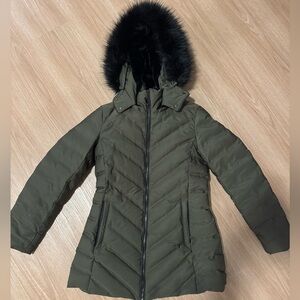 Zara Olive Puffer Coat with Black Fur Trim
